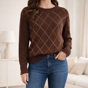 Fossil Chocolate Brown Cotton‎ Lambs Wool LARGE Argyle Sweater Natural Fiber L
